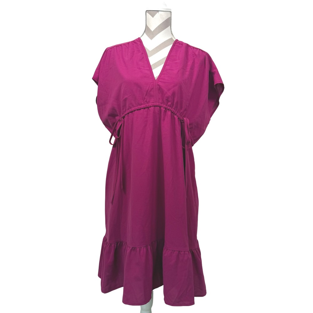 Dokotoo Women's Dress, Size L, Pink Adjustable Waist, V Neck Ruffle Hem,‎ NWT